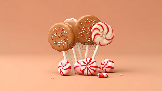米色背景上带有糖果棒棒糖和拐杖糖的圣诞姜饼的 3D 渲染