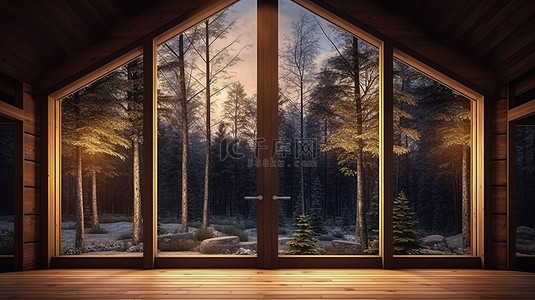 木屋外观设计的夜间 3D 插图，透过大窗户可欣赏森林全景