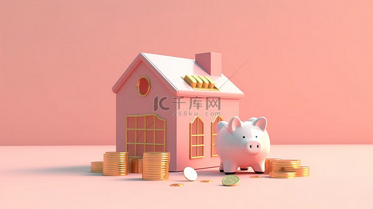 3D 渲染金币存钱罐和小房子为您的梦想家园储蓄与房地产投资和抵押贷款概念
