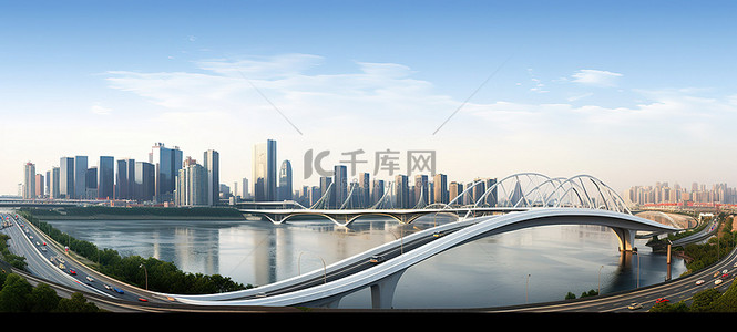 杨浦滨江背景图片_天际线显示了一座有桥梁和汽车的城市