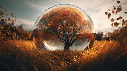 草地天空河水背景图片_一棵秋树的特写 3d 渲染，封闭在一个玻璃球中，站在河岸的长草中