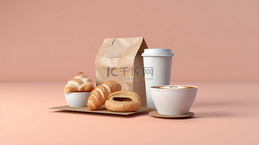 零食袋背景图片_一对手持咖啡杯零食袋的 3D 渲染
