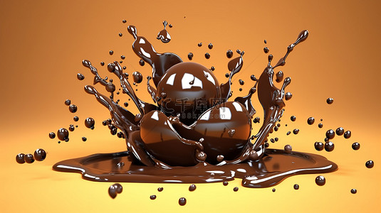 巧克力飞溅和水滴的 3d 插图