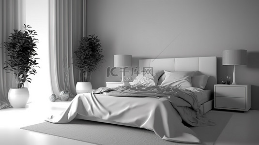 简约卧室，配有双人床和边桌，采用单色平面风格单色室内设计，3D 渲染
