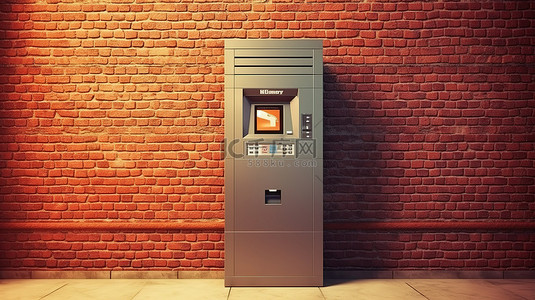 货币安全背景图片_砖墙 atm 机内置于银行 3d 渲染