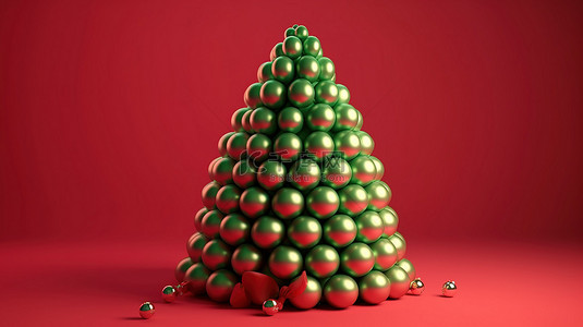 圣诞节松圈背景图片_红墙装饰着圣诞快乐树形绿色球形珍珠 3D 渲染