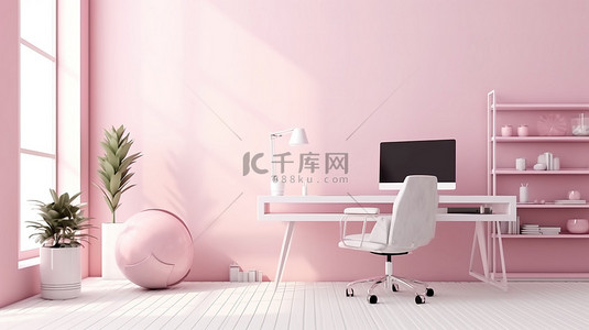 粉红色时尚背景背景图片_现代时尚的粉红色办公室工作区内部具有复制空间的白色工作台的 3D 渲染