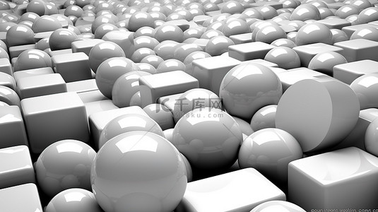 一组抽象白色球体和立方体的单色 3D 渲染