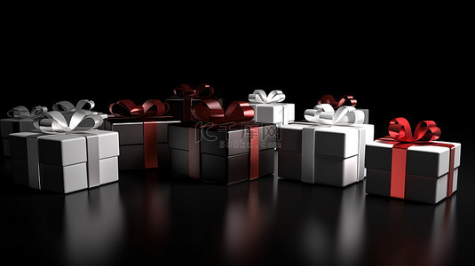 黑色礼物盒背景图片_黑色背景礼品盒系列，白色和红色醒目横幅或标题设计，带 3D 渲染