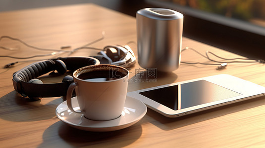 3D 渲染咖啡笔记本电脑耳机和电话