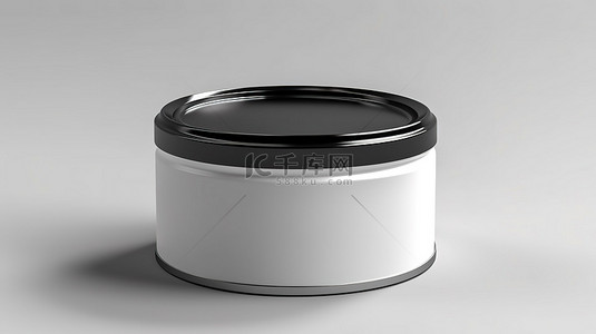 带黑色塑料盖和空白白色包装的金属锡罐的 3D 渲染