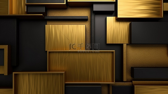 各种拉丝金属金色纹理，3D 渲染中带有黑色框架