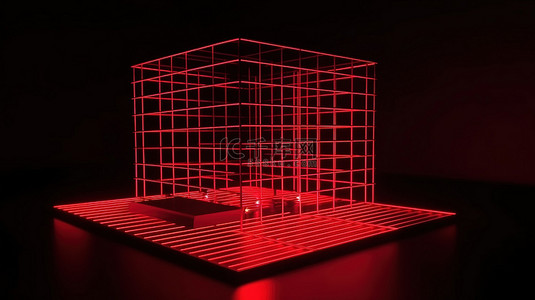 霓虹灯在 3D 渲染中照亮黑色支架和红色网格
