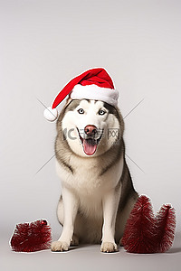狗狗圣诞老人背景图片_戴着圣诞帽的哈士奇狗