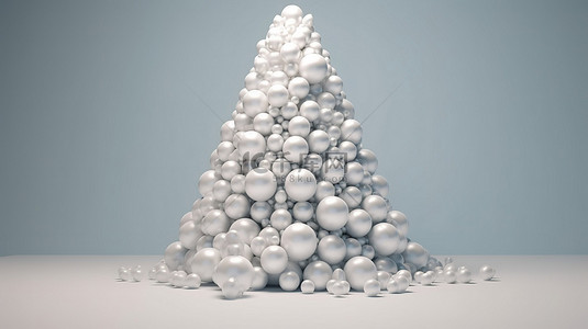 白色珍珠球体的 3d 渲染在形状像圣诞树的墙壁背景中