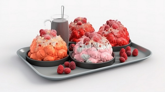 草莓食品背景图片_卡通风格 3d 渲染草莓 bingsu 刨冰在托盘上隔离在白色背景