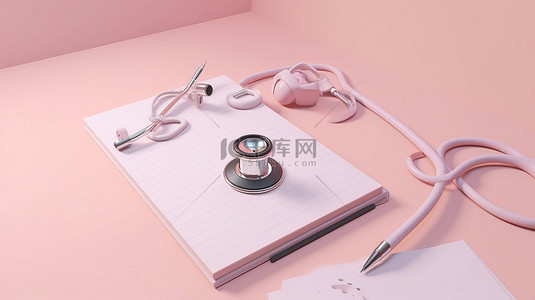 面诊背景图片_医生的听诊笔和记事本在柔和的粉红色背景下进行 3D 渲染