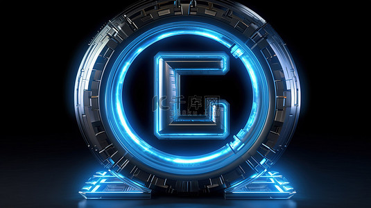 蓝色霓虹灯照亮 3d 渲染中字母 g 的未来金属字体