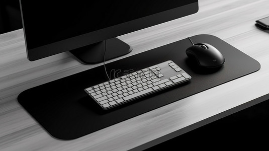 时尚的黑色桌垫搭配 3D 渲染中的白色鼠标和键盘