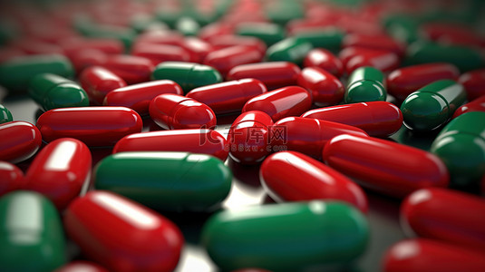 医疗绿色背景图片_红色和绿色抗生素胶囊的 3D 渲染保健药丸特写视图