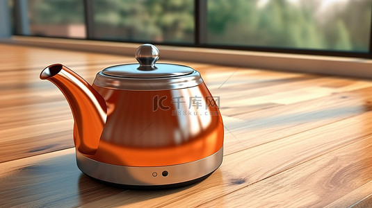 茶壶西式茶壶背景图片_3D 模型的天然木材表面上的现代泡茶器或电壶