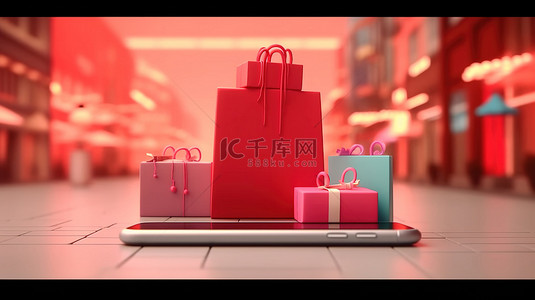 可视化数字购物体验智能手机和箱包在线购物 3D 渲染