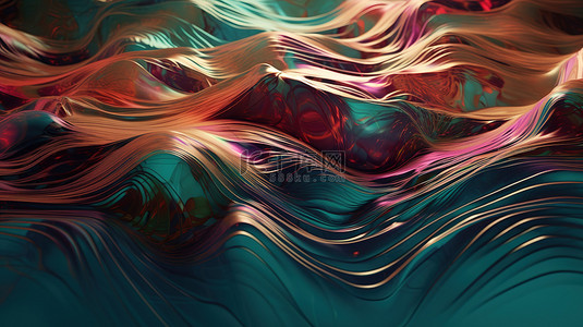 具有虹彩纹理和液体波 3d 渲染的时尚几何背景