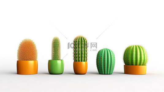 白色背景中四种不同仙人掌物种的简约 3D 插图
