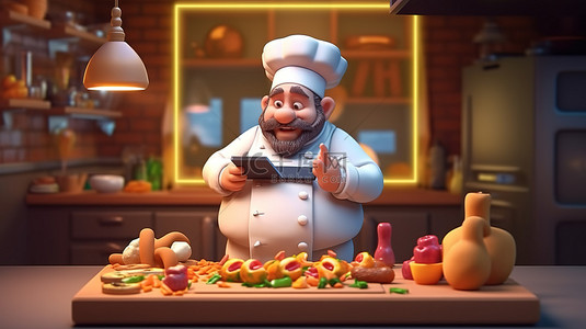 虚拟厨师在线烹饪课程和餐厅送货以 3D 卡通风格说明