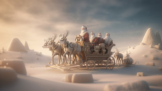 圣诞节圣诞鹿背景图片_3D 渲染节日圣诞老人和驯鹿带领着装满礼物的雪橇