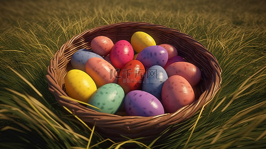 春天花草地背景图片_3d 渲染中草地上的复活节彩蛋篮