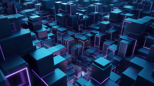 赛博朋克启发了抽象几何背景，以紫色和蓝色 3D 渲染为广告