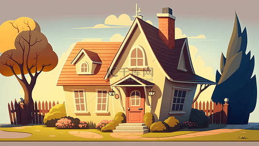 房子卡通橘色树木背景