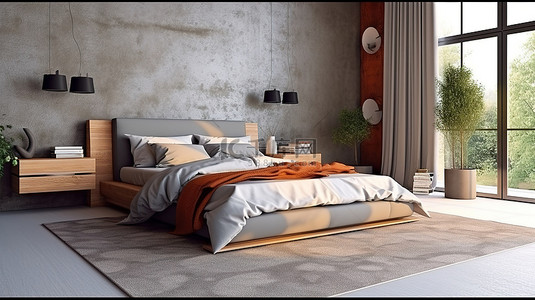 现代卧室拥有充满活力的色调棕色家具和柔软的灰色长毛地毯 3D 渲染