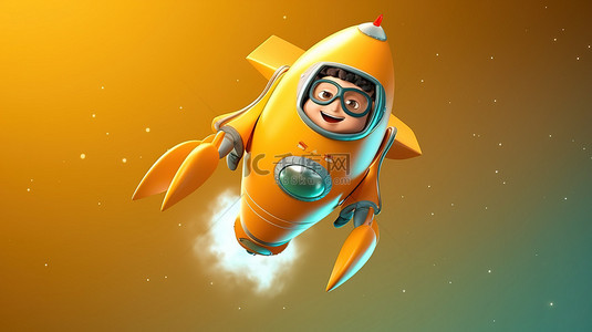 项目角色背景图片_一个卡通人在火箭上翱翔的 3d 插图