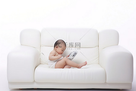 坐着婴儿背景图片_这是一张白色的沙发，上面有一个婴儿