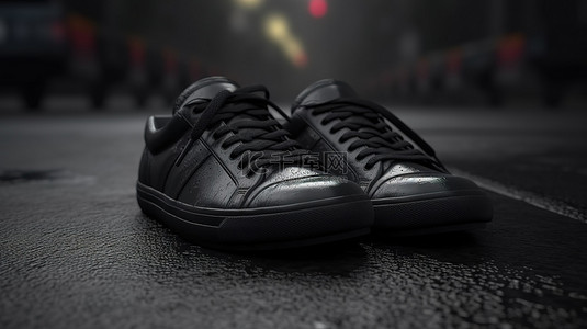 黑色的鞋子背景图片_柏油路遇见 3D 渲染的黑色皮鞋