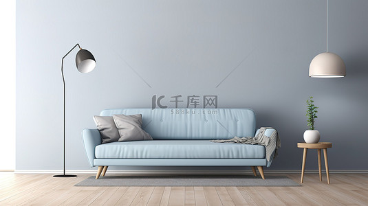 绿色简约家居背景图片_时尚的客厅设有浅蓝色沙发灰色墙壁和浅色木地板简约设计的 3D 渲染