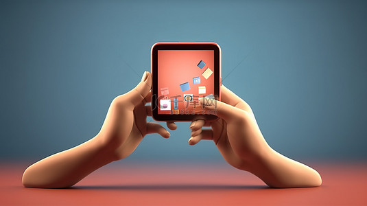 拿着手机3d背景图片_拿着智能手机的卡通手的 3D 插图