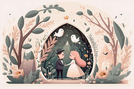 小鸟玫瑰花植物恋人婚礼背景结婚纪念卡通