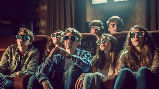 一群年轻人戴着眼镜在家欣赏最新的 3D 电影