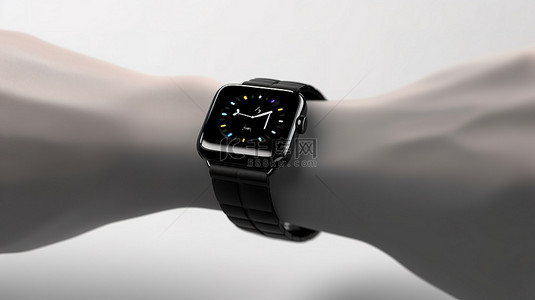 现代黑色智能手表的 3D 渲染，白色背景下卡通手上的表带特写