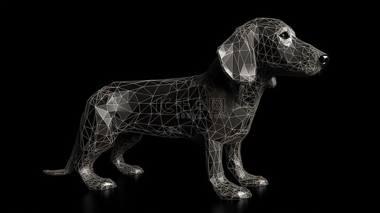 具有多边形特征的黑色隔离 3D 渲染线框腊肠犬