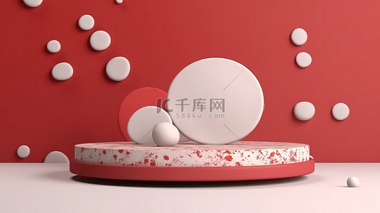 水磨石背景图片_光滑的白色水磨石平台在充满活力的红色背景下的 3D 渲染，非常适合产品展示和广告目的