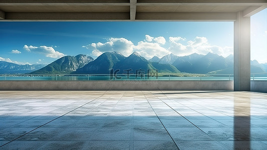 停车场背景的 3D 渲染，在空荡荡的混凝土地板上享有宁静的山脉和蓝天湖景