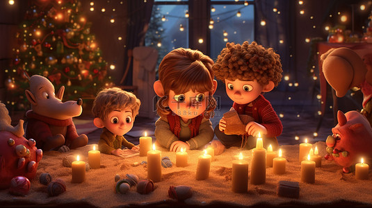 圣诞节派对背景图片_3D 渲染的圣诞节场景中的节日家庭