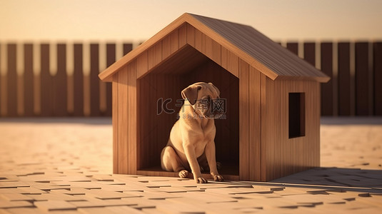 3D 渲染一个质朴的狗屋，里面有一只棕色的狗