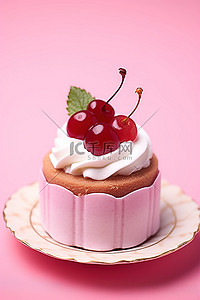 小蛋糕食物背景图片_粉红色背景上有水果的小蛋糕