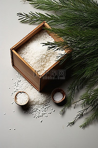 白米和松枝，盒子里有篮子
