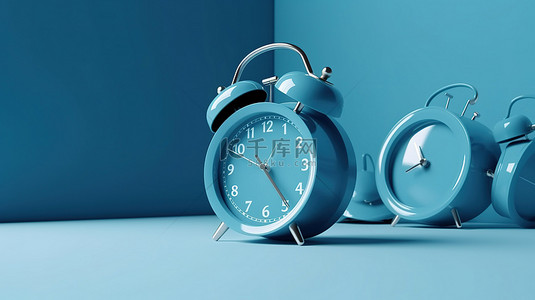 空背景上蓝色闹钟的简约 3D 渲染，具有现代设计和创意布局